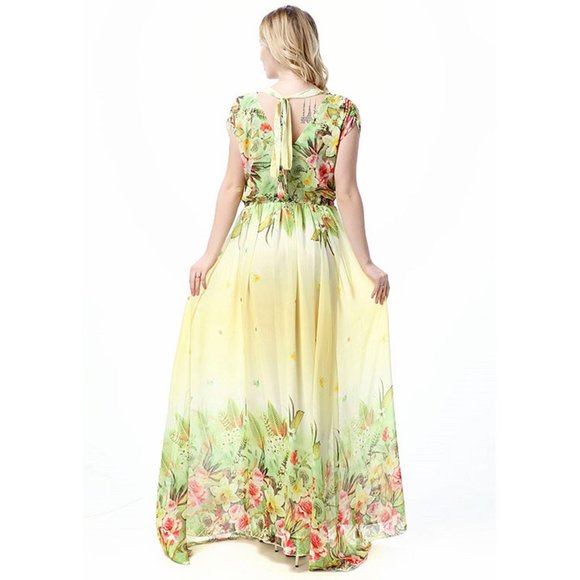 Floral Summer Dress Yellow & Light Green Chiffon Plus Size Dresses Short Sleeve - Picture 4 of 9